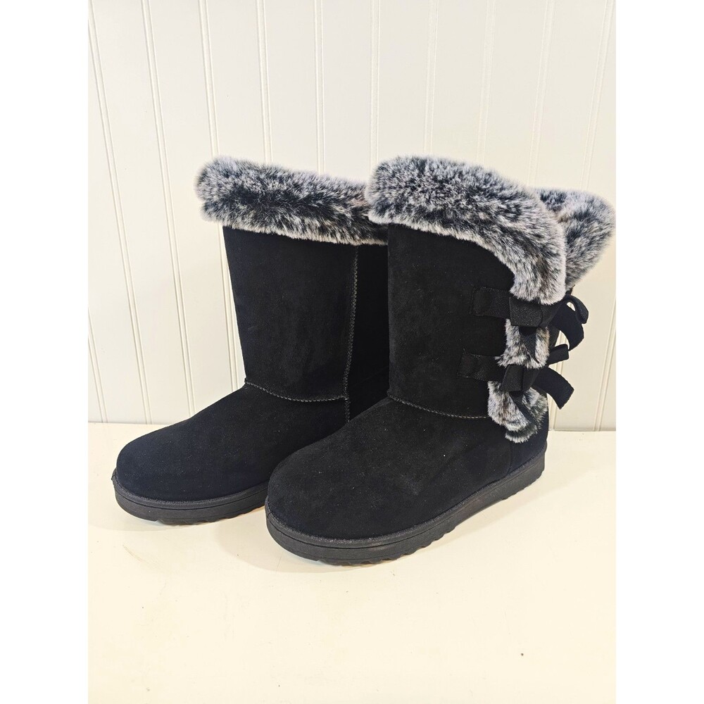 Larus Women’s Mid-Calf Faux Suede Snow Boots Black/Gray Faux Fur Bow Size 9